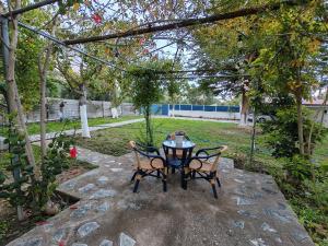 a table and two chairs sitting under a tree at ELVAJO Apartment in Zacharo