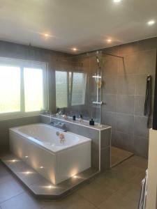 ein großes Badezimmer mit Badewanne und Dusche in der Unterkunft Villa luxueuse in Allonnes