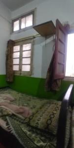 Cama en habitación con paredes y ventanas verdes en Chand Bibi Hotel en Peshawar