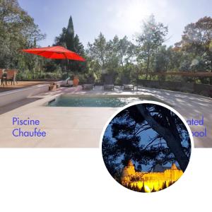 une photo d'une piscine avec un parasol rouge dans l'établissement Villa st Francois Piscine privée chauffée ,clim ,parking gratuit, à Carcassonne