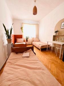 a bedroom with two beds and a living room at BESKID HOME in Bielsko-Biała