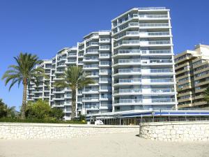 duży apartamentowiec na plaży z palmami w obiekcie Apartamentos Hipocampos Unitursa w mieście Calpe