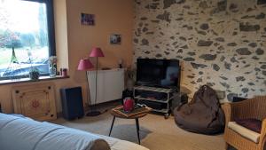 ein Wohnzimmer mit einem TV und einer Felswand in der Unterkunft chambre d'hôte la Sourdrie in Saint-Florent-le-Vieil