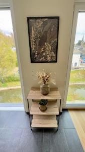 un tavolo con una pianta davanti a due finestre di Luxurious flat offering comfort and privacy in Martelange a Martelange