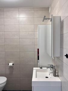 uma casa de banho branca com um lavatório e um WC em Luxurious flat offering comfort and privacy in Martelange em Martelange