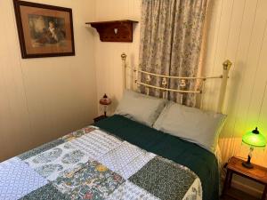 a bedroom with a bed with a quilt on it at Lee Manor in Walhalla