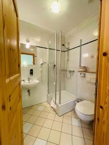 a bathroom with a shower and a toilet and a sink at Gaststätte Brauhaus Zwickau GmbH in Zwickau