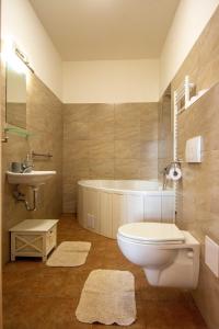 łazienka z toaletą, umywalką i wanną w obiekcie Hornický penzion w Przybramiu