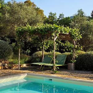 un par de sillas bajo una pérgola junto a una piscina en Giardino dei Sugheri, en Scarlino