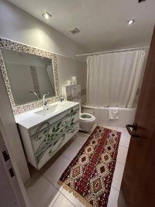 een badkamer met een wastafel, een toilet en een spiegel bij Baka Bauhaus Studio in Jeruzalem