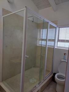 a glass shower in a bathroom with a toilet at Osler Place Self-Catering in Stilbaai