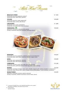 uma página de um menu para uma pizzaria em Alabe Hotel em Tresnuraghes