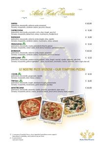 página de un menú para una pizzería en Alabe Hotel, en Tresnuraghes