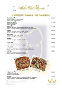 una pagina del menu di un ristorante-pizzeria di Alabe Hotel a Tresnuraghes