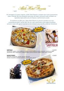 una página de un folleto con una foto de una pizza en Alabe Hotel en Tresnuraghes
