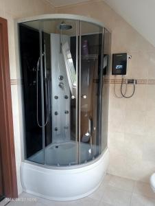 a shower with a glass enclosure in a bathroom at Noclegi pod bukami in Rajcza