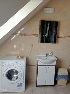 een badkamer met een wasmachine en een wastafel bij Noclegi pod bukami in Rajcza