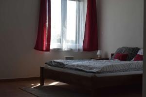 プルシーブラムにあるHornický penzionのベッドルーム1室(赤いカーテンと窓付きのベッド1台付)