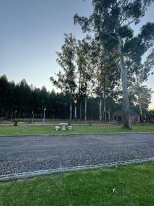 a park with a bench on the side of a road at Farmers Lodge in Piet Retief