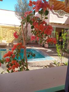 a pool with red flowers in front of a house at Riad tania mozaik in Taroudant