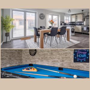 a kitchen and a living room with a pool table at Spacious 3 bed with outdoor games room & private parking in Gateshead