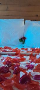 un letto con fiori rossi e bianchi di Guest House Salaria a Gjirokastër