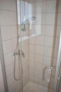 baño con ducha y puerta de cristal en Ferienwohnung Reis, en Sankt Aldegund