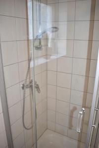 a bathroom with a shower with a glass door at Ferienwohnung Reis in Sankt Aldegund +36 photos