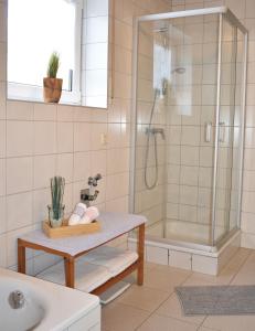 y baño con ducha y lavamanos. en Ferienwohnung Reis, en Sankt Aldegund