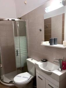 a bathroom with a shower and a toilet and a sink at Alinda Hotel in Alinda