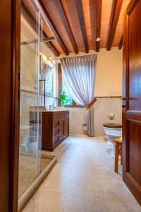 y baño con ducha, aseo y lavamanos. en Torciano Hotel Vecchio Asilo, en San Gimignano