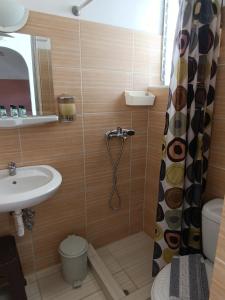 a bathroom with a sink and a toilet and a shower at GOLDEN BEACH in Souvala