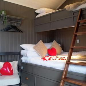 a bedroom with two bunk beds and a ladder at Shepherds Huts at Ballyness Farm in Dungiven