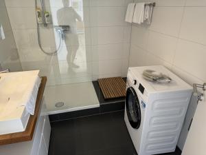 een badkamer met een wasmachine in een douche bij Penthouse in zentraler Lage in Pforzheim