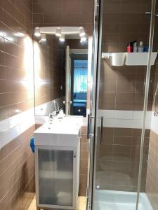 ein Bad mit einer Dusche, einem Waschbecken und einem Spiegel in der Unterkunft Hortensias de jardín in O Grove