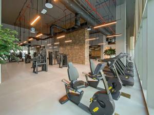 a gym with rows of treadmills and elliptical machines at Silkhaus Chic 1 BDR In a New Tower In Downtown in Dubai