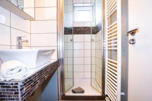 グレーミッツにあるFerienhaus Auszeit - Wohnung "Salzbrise"の洗面台とシャワー付きのバスルーム