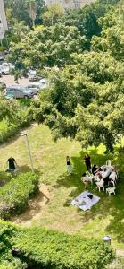 a group of people sitting at a table in the grass at Bat Yam Garden in Bat Yam