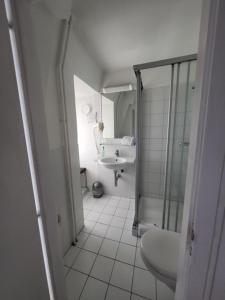 e bagno con doccia, servizi igienici e lavandino. di Nydeck a Berna