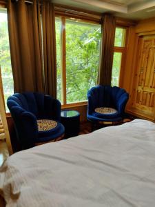 a bedroom with two blue chairs and a bed at North Palace Khaplu in Khaplu