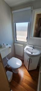 a small bathroom with a toilet and a sink at NEW Orla Caravan in Meliden
