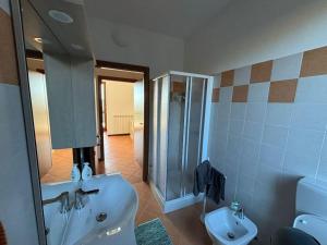 uma casa de banho com um chuveiro, um lavatório e um WC. em Casa al Poggio em Castana