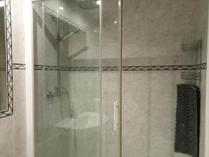 y baño con ducha y puerta de cristal. en Apartamentos Gavín Biescas 3000, en Gavín