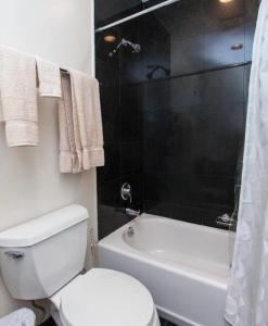a white bathroom with a toilet and a shower at Gorgeous Apartment for 2 in NYC in New York