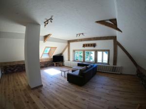 uma sala de estar com um sofá e uma televisão em Schwarzwald Chalet - Karlshütte em Gütenbach