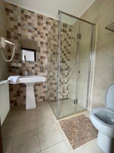 La salle de bains est pourvue d'une douche, d'un lavabo et de toilettes. dans l'établissement Pensiunea Maria, à Colibiţa