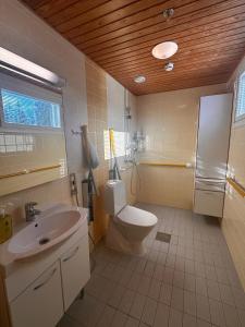 a bathroom with a toilet and a sink and a refrigerator at Grand Hostel Imatra in Imatra