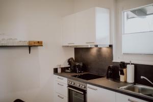 Weisweil的住宿－Taubergießen，厨房配有白色橱柜和炉灶烤箱。