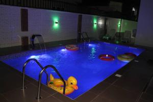 dwie gumowe kaczki w basenie w nocy w obiekcie White Gold Hotel w mieście Ikeja