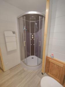 a shower with a glass door in a bathroom at Location MarjoRI - T2 Le Roselin in Le Lauzet-Ubaye